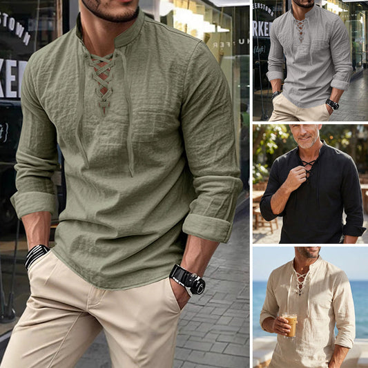 🌬️ Stay Cool & Stylish | Men's Breathable Cotton Shirt | Lace-Up Stand Collar 👕【Flash Sale -50%】