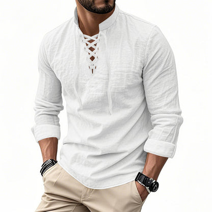 🌬️ Stay Cool & Stylish | Men's Breathable Cotton Shirt | Lace-Up Stand Collar 👕【Flash Sale -50%】