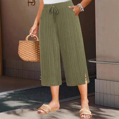 💐50% OFF ! Ribbed Wide-Leg Capri Pants – Elastic Waist for Daily Wear 🌿✨【Limited Stock】