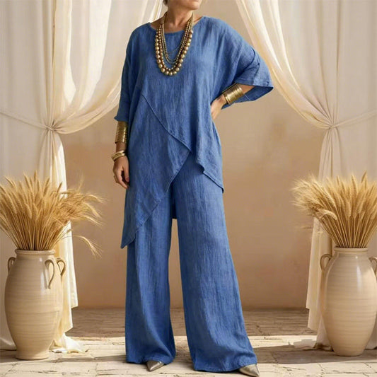 💎 50% OFF! 💎 Women's Two-Piece Loose Fit Outfit – Asymmetrical Top + Wide-Leg Pants, Lightweight & Wrinkle-Resistant 🌸🌿