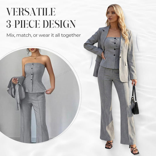 👚 50% OFF NOW! 💃 Women's 3-Piece Flared Trouser Suit Set – Blazer, Crop Top & Flared Pants, Elegant Look ✨