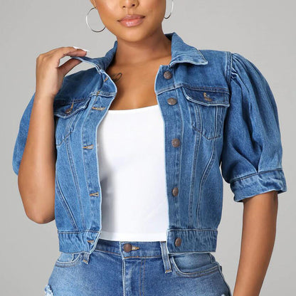 💐50% OFF ! Women's Cropped Denim Jacket – Puff Sleeves & Flattering Crop Length 🌸👖【Limited Offer】