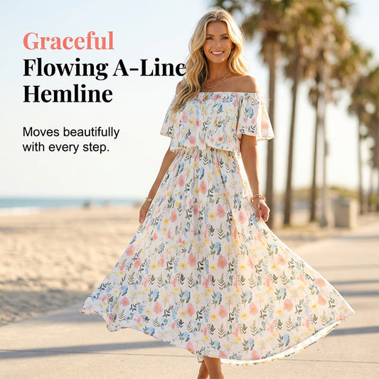 👗60% OFF! Printed Off-Shoulder Dress – Flowy & Flattering for Summer 🦋🌺【Flash Sale】
