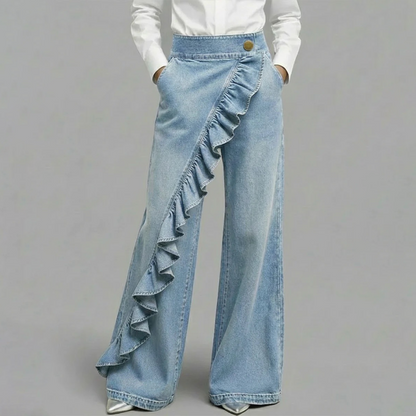 💐60% OFF ! Women’s Asymmetrical Ruffle Denim Pants – Flowy & Stylish 🍃✨【Limited Offer】