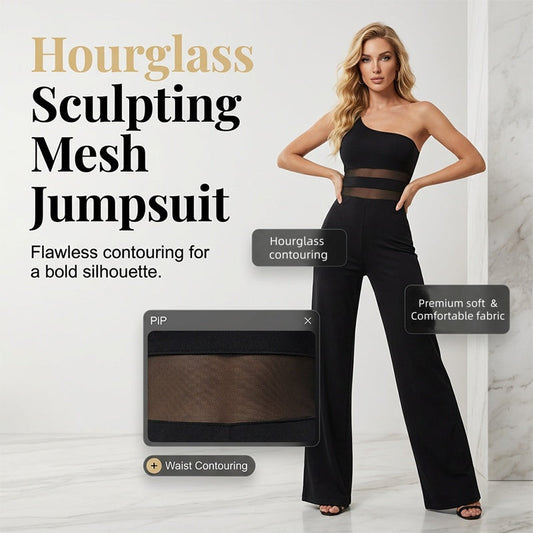 💐69% OFF ! One-Shoulder Mesh Panel Jumpsuit – Sculpted Silhouette & Elegance ✨🦢【Limited Offer】