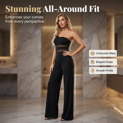 💐69% OFF ! One-Shoulder Mesh Panel Jumpsuit – Sculpted Silhouette & Elegance ✨🦢【Limited Offer】
