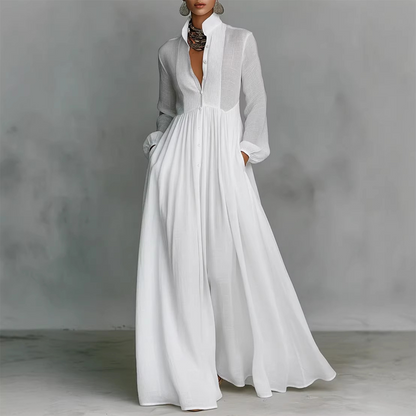 👗 50% OFF! ✨ Pleated White Maxi Dress – High-Neck & Flattering Silhouette ⏰🔥 【Flash Sale】