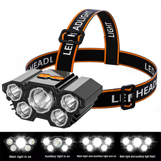 ⏳LAST DAY SALE 66% OFF !!📢5-LED Rechargeable Headlamp with 3 Modes，Lightweight, Long Battery Life.
