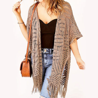 🏝️✨ FLASH SALE 50% OFF! 🧣🌸 Women's Lightweight Knit Cover-Up – Open-Front with Tassel Fringe, Bohemian Flowy Fit – Must-Have for Beach Vacations 📸🦩