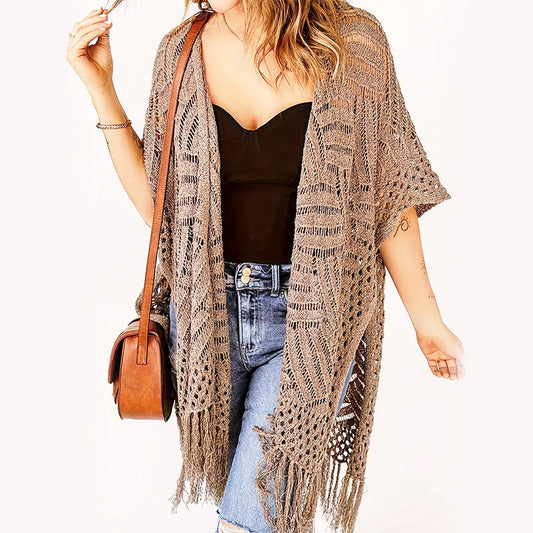🏝️✨ FLASH SALE 50% OFF! 🧣🌸 Women's Lightweight Knit Cover-Up – Open-Front with Tassel Fringe, Bohemian Flowy Fit – Must-Have for Beach Vacations 📸🦩