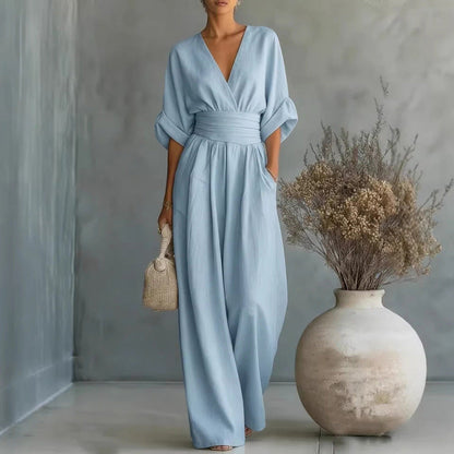 👗🌸✨ LIMITED-TIME 50% OFF! Women’s V-Neck High Waist Wide Leg Jumpsuit – Flattering Silhouette, Breathable Fabric, Elastic Back – Effortless Chic for Office, Brunch or Date Night 💼🥂