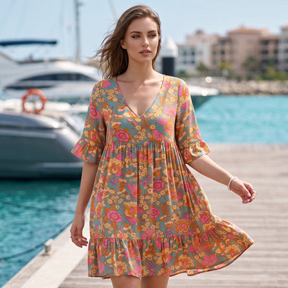 🌴🌊 LIMITED TIME 50% OFF! 🌺Women's Bohemian Floral V-Neck Dress – Flowy silhouette & vibrant blooms – Perfect for beach getaways.