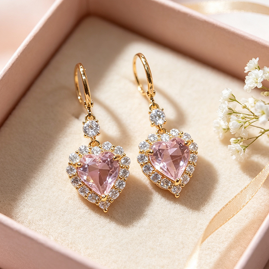 💎✨ 2026 Sale — Over 45,000 Sold! 🌹Sparkling Heart-Shaped Drop Rhinestone Earrings – Gold Tone Pink Heart Dangle Earrings.