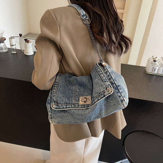 👜💙 50% OFF! Retro Large Capacity Chain Strap Shoulder Bag – Vintage Denim, Swivel Lock, Lightweight