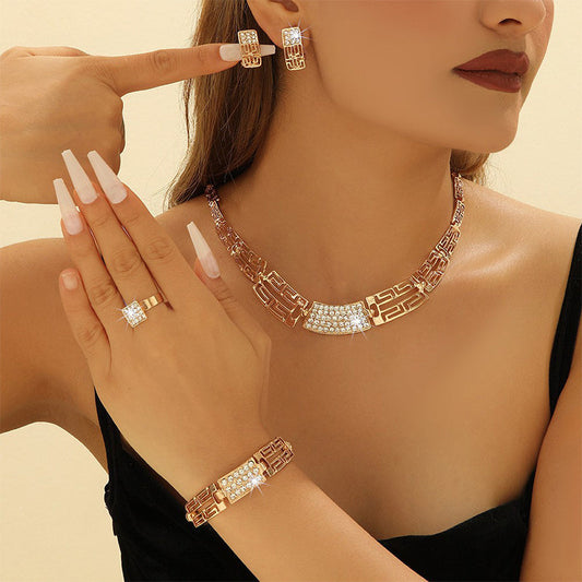 💎✨ 50% OFF! 💍 Elegant Rhinestone Jewelry 4-Piece Set – Necklace, Earrings, Bracelet & Ring – Premium Zinc Alloy, Perfect Gift