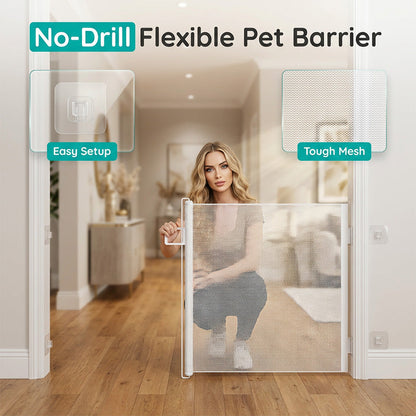 🐾🚪 50% OFF! No-Drill Adjustable Mesh Pet Gate for Doorways & Stairs – Damage-Free Setup, Scratch-Resistant