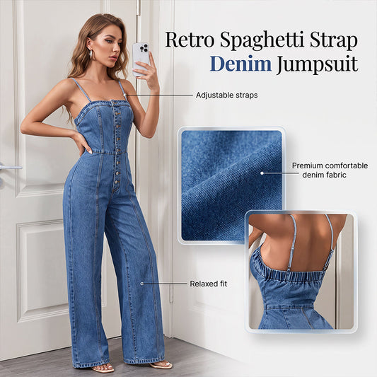 👖✨ 50% OFF! Women Spaghetti Strap Wide Leg Denim Jumpsuit – High Waist, Stretch Denim, S-3XL