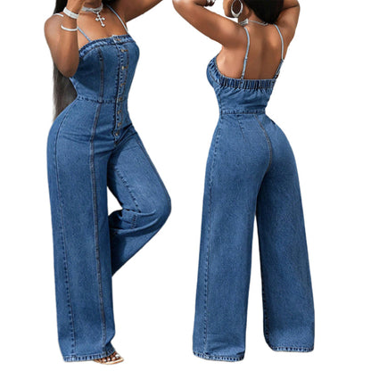 👖✨ 50% OFF! Women Spaghetti Strap Wide Leg Denim Jumpsuit – High Waist, Stretch Denim, S-3XL