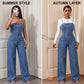 👖✨ 50% OFF! Women Spaghetti Strap Wide Leg Denim Jumpsuit – High Waist, Stretch Denim, S-3XL