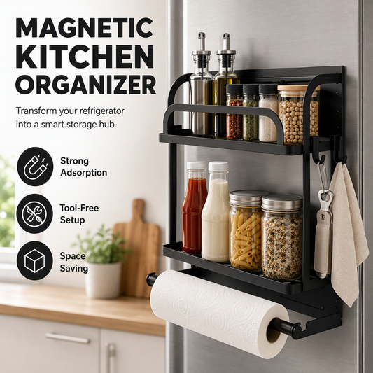 🏠 2026 Sale — Over 13,500 Sold! 🧲 Magnetic Fridge Organizer Rack – Foldable Spice & Paper Towel Holder | Tool-Free Magnetic Mount 🍳