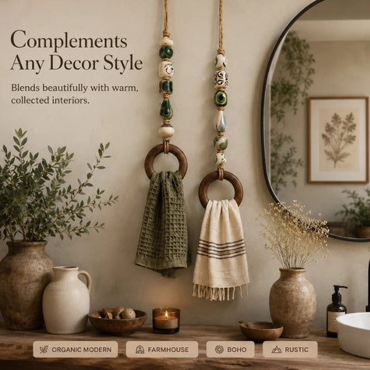🪵 Decorative Beaded Towel Hanger with Wooden Ring – Rustic Charm & Handcrafted Materials