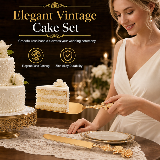 🎂 Exquisite Metal Alloy Cake Knife & Server Set – Vintage Floral, Sturdy & Elegant