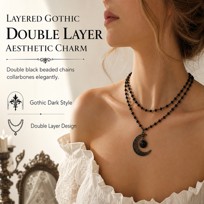 🌙 LIMITED‑TIME 50% OFF! 🖤 Gothic Dark Crystal Beaded Chain Necklace with Hollow Out Moon Alloy Pendant 📿
