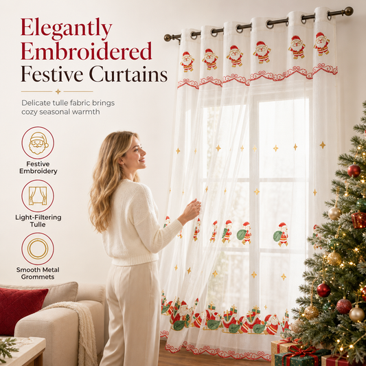 ❄️ LIMITED‑TIME 50% OFF! 🔔 Christmas Embroidered Sheer Window Curtain Panel with Snowflake and Bell Patterns 🎄