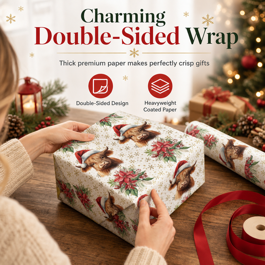 🎄 LIMITED‑TIME 50% OFF! 🐮 Reversible Christmas Highland Cow Gift Wrapping Paper Roll – Thick Tear‑Resistant Craft Paper, 2 Festive Designs in 1 Roll (43cm×5m) 🎁