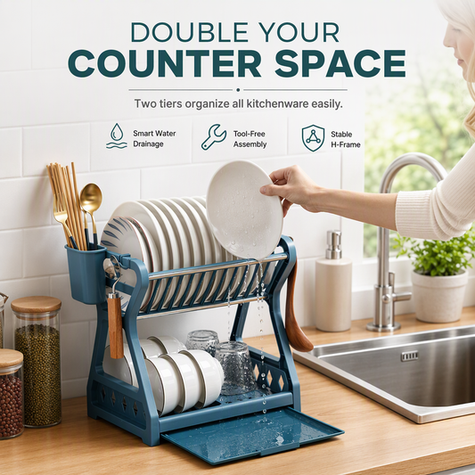 🍽️ LIMITED‑TIME 50% OFF! 🥣 2‑Tier Compact Dish Drying Rack – Double Counter Space, Pull‑Out Drip Tray, 12+ Plate Slots 🧽