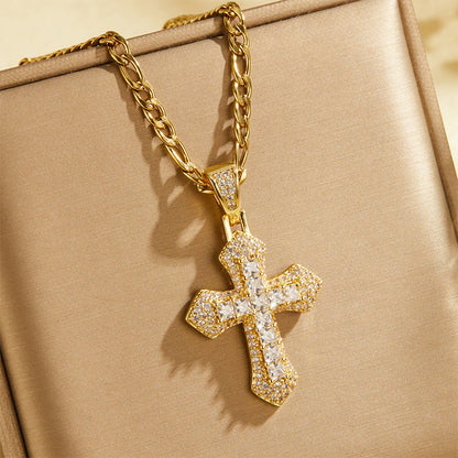 ✝️ LIMITED‑TIME 50% OFF! ✨ Hip Hop Iced Out Cross Pendant Necklace – Double-Layer Baguette Zircon Brass Chain 💎