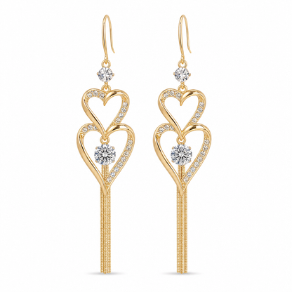 Gold Heart Tassel Earrings, Double Heart Drop Earrings, Rhinestone Pave, Gold Plated