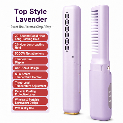 Cordless Hair Straightener Brush, Rechargeable Straightening Comb, Anti-Scald, 3 Heat Settings